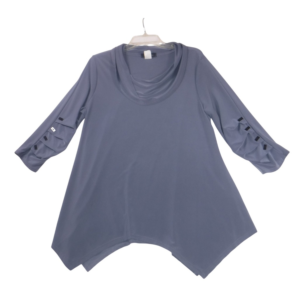 Yushi Womens Blue Cowl Neck Sharkbite Hem Tunic Top 3/4 Sleeve Button Detail M